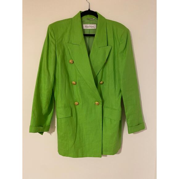 VTG Max Mara Lime Green Double Breasted Blazer Gold Buttons Big Collar USA 10 - Picture 1 of 12